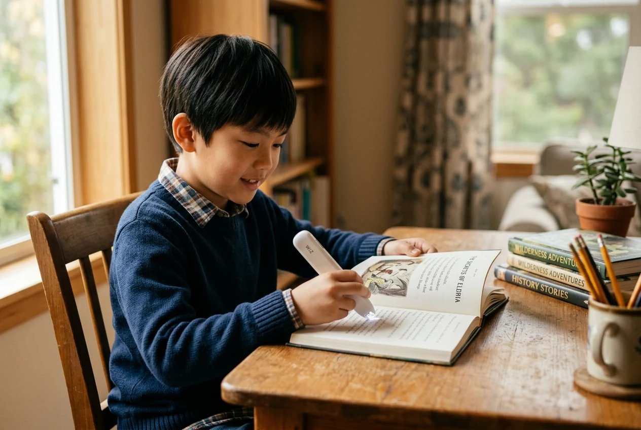 Student reading with pen